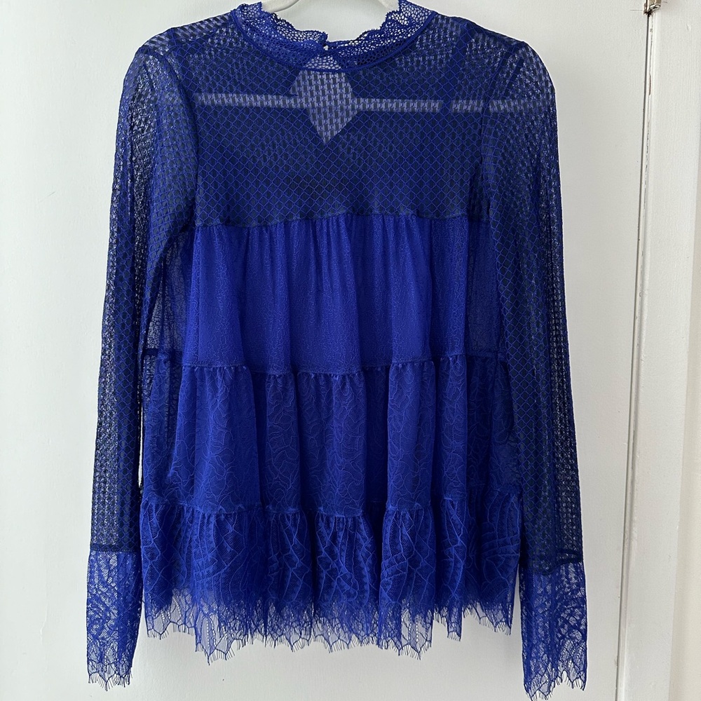 NWT! Allsaints Briella Cobalt Blue Tiered lace blouse, sz US 2 BEAUTIFUL TOP